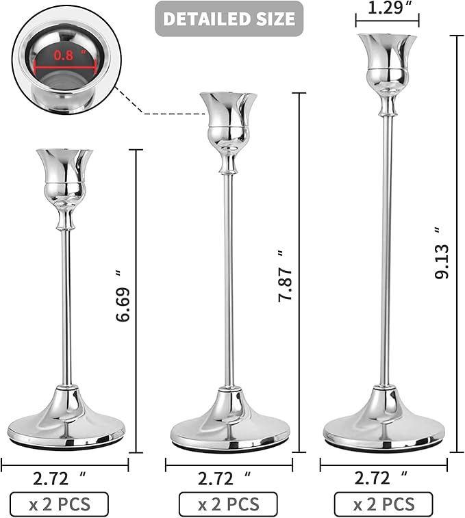 CHILL RECIPE Silver Taper Candle Stick Holders Tall Candle Holder, Vintage Candlesticks Holder Bulk for Home Decor Table Centerpiece Dining Party Festival Decorations (2 Set 6Pcs)