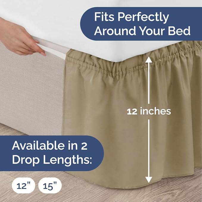 Wrap Around Dust Ruffle Bed Skirt - Khaki - for King Size Beds w/ 12 Inch Drop - Easy Fit Elastic Strap - Adjustable Pleated Bedskirt w/Brushed Fabric - Wrinkle Free - for Women, Men, Kids & Teens