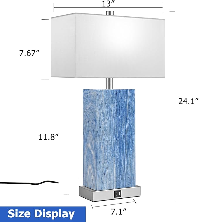24” Tall Touch Control Table Lamps Set of 2, Blue Navy Lamps w/ USB& Type C Ports, Dimmable Coastal Bedside Nightstand Lamp White Shade, Large Lamps for Living Room End table Bedroom (Bulbs Included)