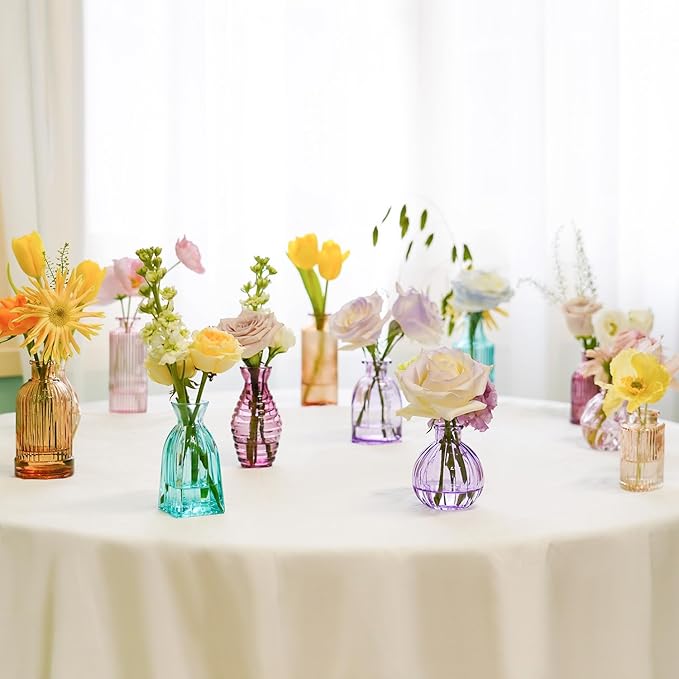 12PCS Mixed Colored Bud Vases Small Glass Vases for Flowers Colorful Vintage Flower Vase for Centerpieces Aesthetic Glass Bottles Bulk Wedding Baby Shower Home Decorations Gifts