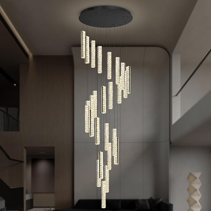 Large Spiral Stair Chandelier High Ceiling Modern LED Dimmable Crystal Chandelier Lighting for Foyer Villa Hallway 25-Light Black