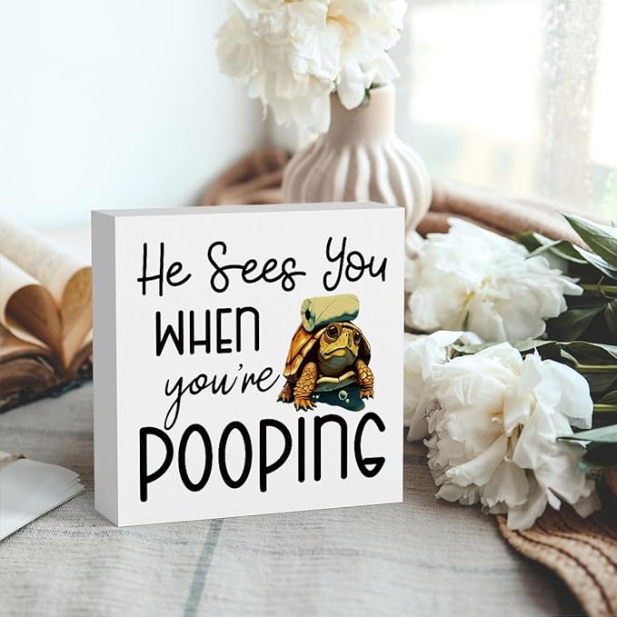 Funny Sea Turtle Bathroom Decor, Bathroom Beach Decoration, Are You Pooping Sign Funny Ocean Turtle Decor, Wooden Box Decor Sign for Home Farmhouse Office Living Room Table Shelf Tiered