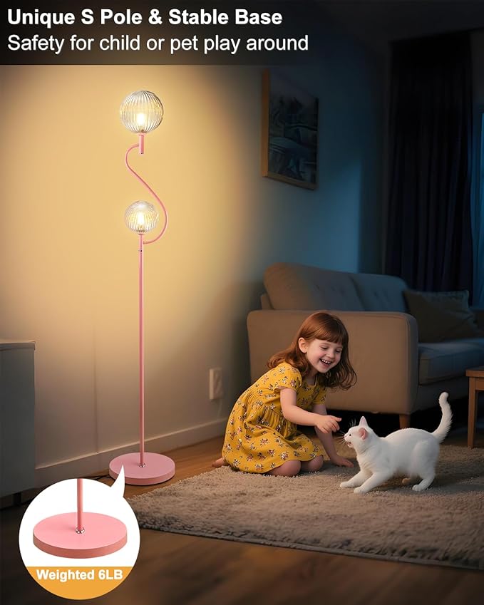 Lightdot Pink Floor Lamp, Mid Century Tall Standing Lamps with Globe Clear Glass Shade Soft Warm White Eye Care 3000K Bulbs Included, Modern Unique Floor Lamp for Living Room Bedroom