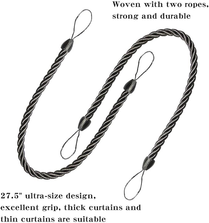 BEL AVENIR Curtain Ropes Tiebacks Tie-Backs, Curtain Handmade Holdbacks with 2 Metal Screw Hooks - Charcoal 2 Pack