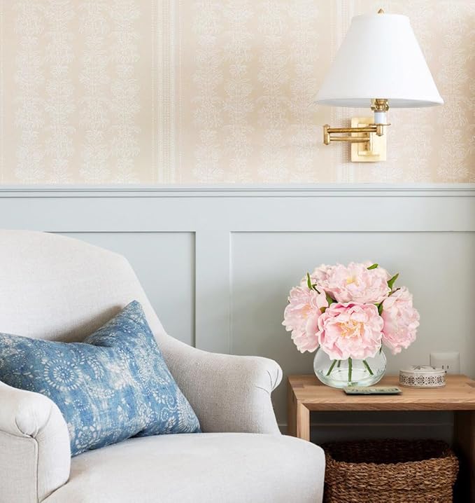 Hollyone Pink Peonies Artificial Flowers with Vase Faux Flowers Peony Fake Flowers Silk Flower Arrangements in Glass Vase with Faux Water for Home Decor Bathroom Table Centerpiece Shelf Decorations