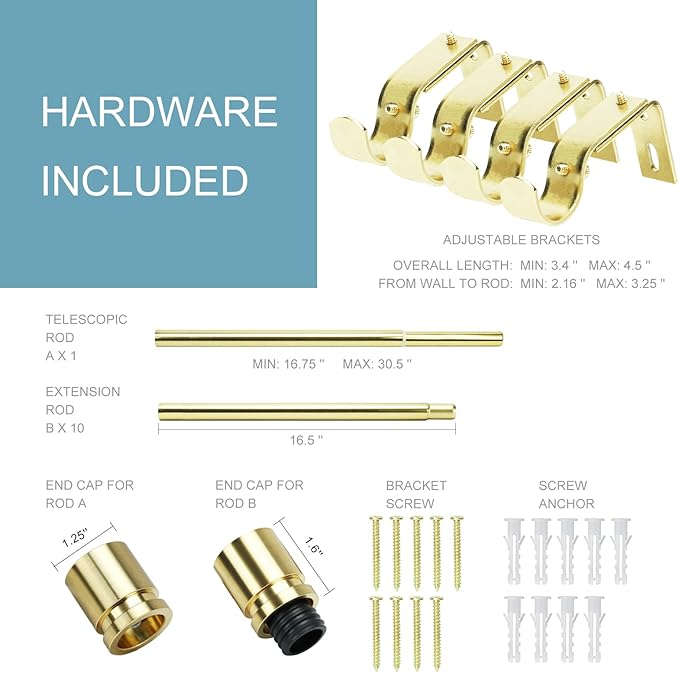 Curtain Rods for Windows 16 to 170 Inches Adjustable Length 1 Inch Diameter Window Curtain Rod with Aluminium Finials, Gold