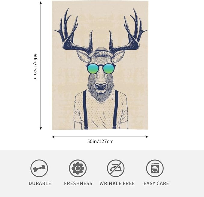 HGOD DESIGNS Deer Throw Blanket Deer Dressed up Like Cool Hipster Blanket Super Soft Flannel Throw Blanket Lightweight Plush Fuzzy Bed Blanket for Bedding Sofa and Travel 50"X60"
