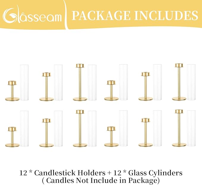 Gold Candlestick Hurricane Candle Holder: Glasseam Matte Candlestick Holders for Taper Candles Bulk 12, Modern Candle Stick Candle Holder with Glass Chimney, Fireplace Candle Holder for Dining Table