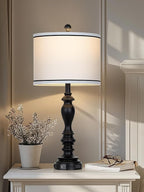 28" Set of 2 Farmhouse Table Lamps for Living room, Bedside Lamp with USB C+A Ports & AC Outlets, Black Vintage End Table Lamps for Bedrooms, Nightstand Lamps Fabric Shades Rustic 2 LED Bulbs Included