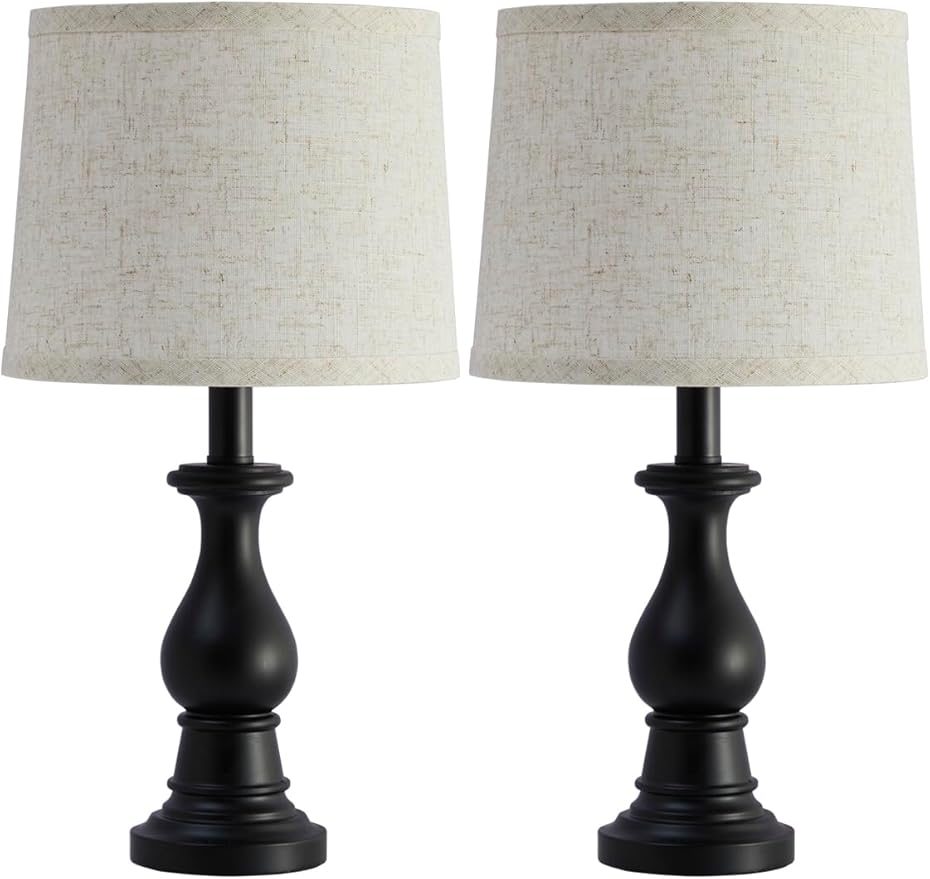 Vintage Table Lamp for Living Room Bedroom, 18.5" Farmhouse Bedside Lamps Nightstand Lamp Set of 2, Table Lamps with Oatmeal Linen Lamp Shades, 2 LED Bulbs Included, Black