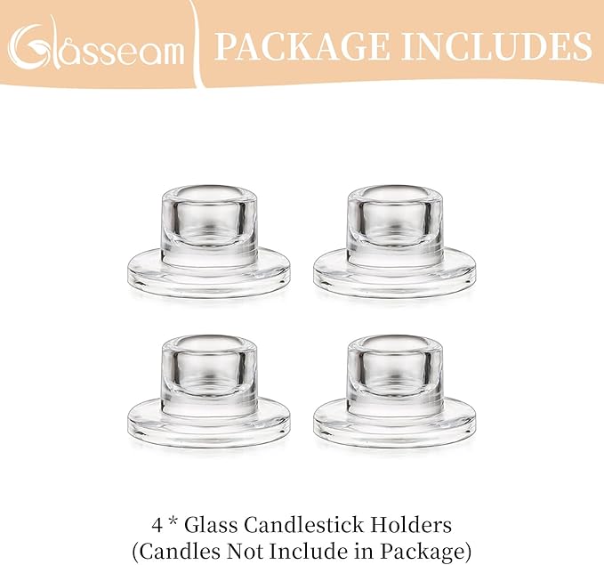Glasseam Glass Tapered Candlestick Holders: Small Taper Candle Holders Set of 4 Clear Candle Sticks Holder for Table Centerpiece Short Modern Candle Holder for Wedding Christmas Home Decoration
