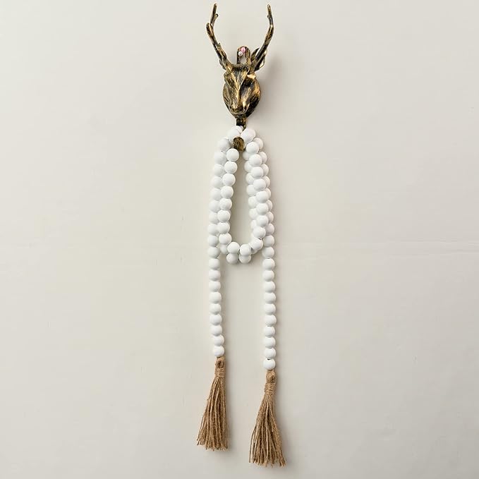 OMISHE 59in Wood Bead Garland with Tassels, Decorative Beads, Farmhouse Wooden Beads Garland for Wall Hanging Home Festival Decor, White