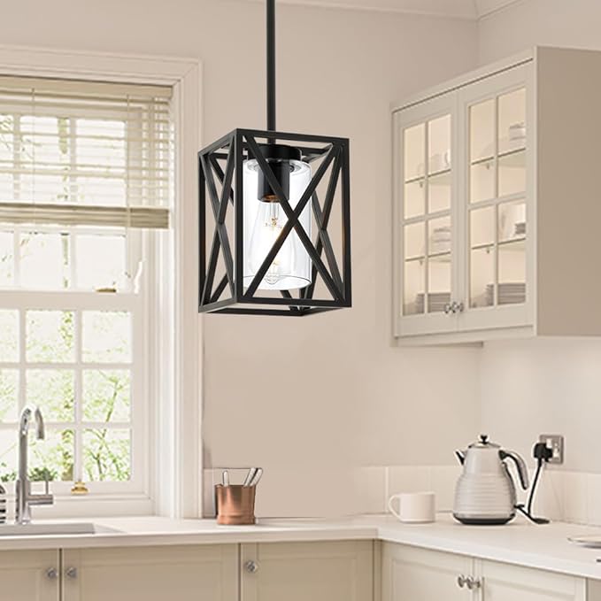 TODOLUZ 1-Light Farmhouse Pendant Light Black Cage Hanging Ceiling Lights with Clear Glass Shade for Kitchen Hallway Dining Room Foyer Bedroom