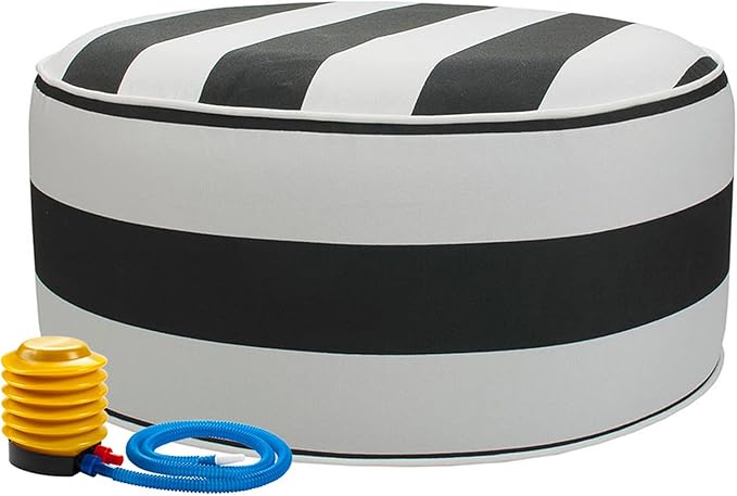 Inflatable Outdoor Ottoman with Air Pump,20"x9" Portable Patio Pouf,Water Resistant,Fade-Resistant,Round Blow Up Footrest Stools for Home Garden Camping Travel(Black White)
