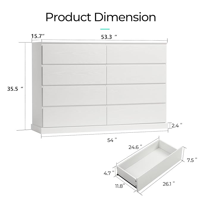 LINSY HOME 8 Drawer Dresser for Bedroom, 53" Wide Chest of Deep Drawers, Modern Farmhouse Wood Dressers with Storage, Large Drawer Organizer for Bedroom, Living Room, Handless Design, White