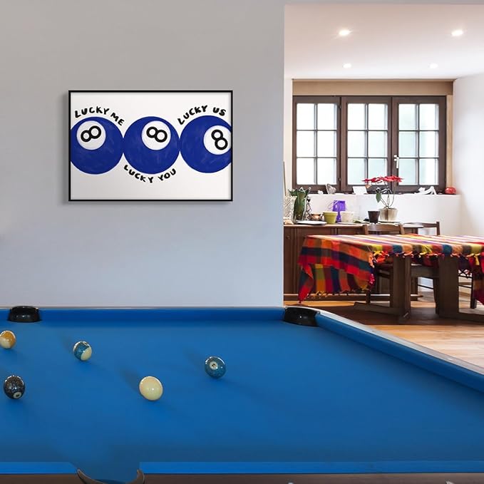 Blue 8 Ball Poster, Lucky Me Lucky You Lucky Us Quote Canvas Wall Art, Playful Billiards Balls Picture Print, Retro 8ball Pool Painting for Bar Cart Game Room Man Caves Wall 16x24in Framed