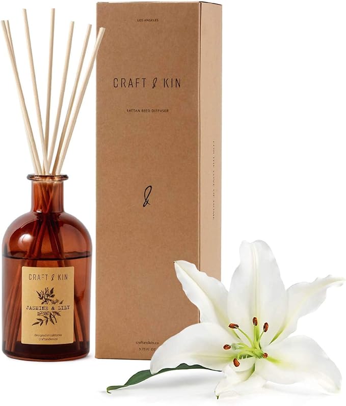 Craft & Kin Lily & Jasmine Diffuser Reed Diffuser | All Natural Essential Oil & 8 Rattan Scent Sticks | Reed Diffusers for Home, Bathroom | Long Lasting Home Fragrance in Amber Glass, 5.75oz