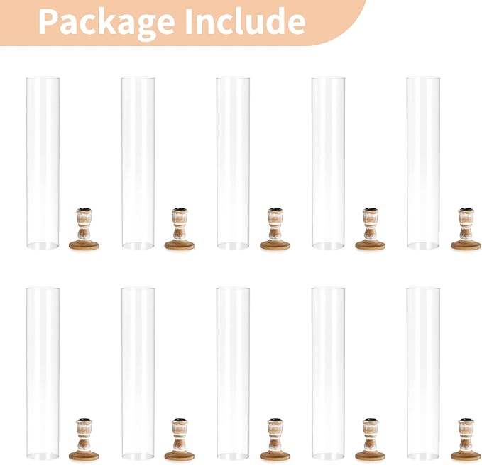 NUPTIO Hurricane Glass Candle Holder: 10 Pcs Vintage Wood Candlestick Holders 14 inch Bulk Wooden Candle Sticks Holder with Bottomless Cylinder Candleholder for Outdoor Wedding Holiday Event Decor