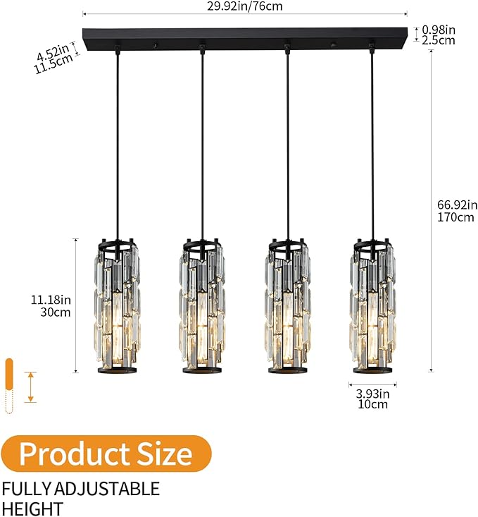 LMQNINE 4 Light Black Pendant Lighting Modern Pendant Light, Mini Crystal Chandeliers,Adjustable Pendant Light Fixture for Kitchen Island Dinning Room Bedroom (Black 4-Light)