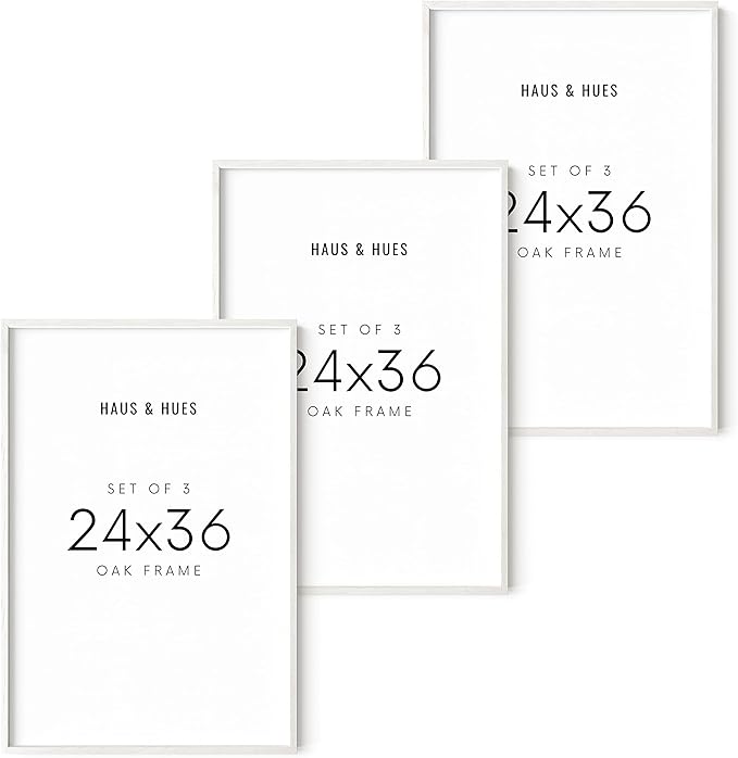 HAUS AND HUES White Poster Frames 24 X 36 Inches - Set of 3 Large Picture 24x36, Frame Sets for Wall Collage 24x36 Wood, Gallery 24x36 (White Oak Frame) 24x36 in