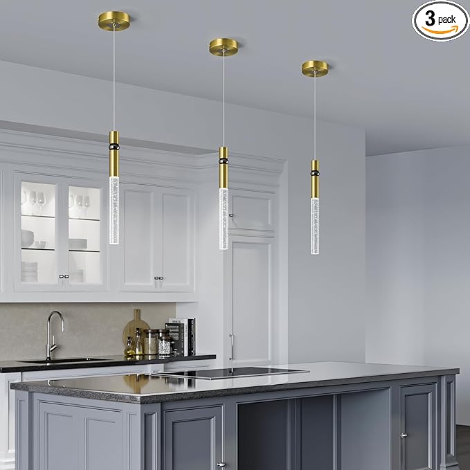 Pendant Lights Kitchen Island Light Fixtures Dimmable LED Modern Pendant Light with Bubble Crystal Pendant Lighting for Kitchen Bedroom Hallway Entryway (Gold 2-Pack)