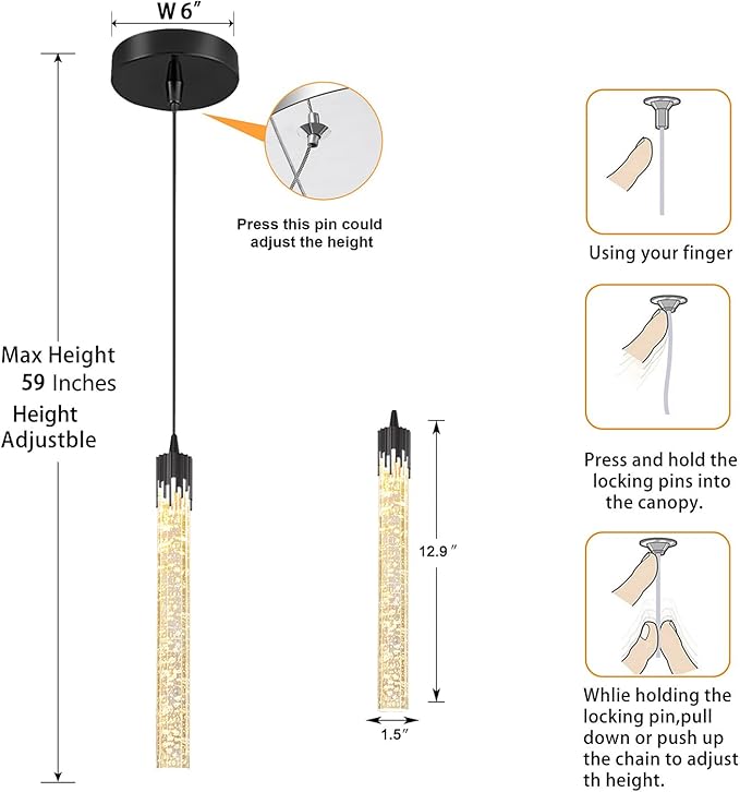 Modern Pendant Lights Kitchen Island Black Crystal Mini Pendant Light with Dimmable LED 2700K-6000K,Bubble Crystal Chandelier Dining Room and Bar - 1 Pack