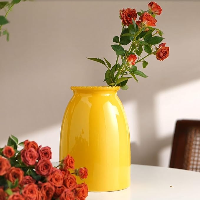 hjn Yellow Flower Vase- Ceramic Vase for Decor, Decor vase for Flowers, Modern Vases for Living Room/Home Decor Accents/Entryway/Mantel/Bookshel-Yellow