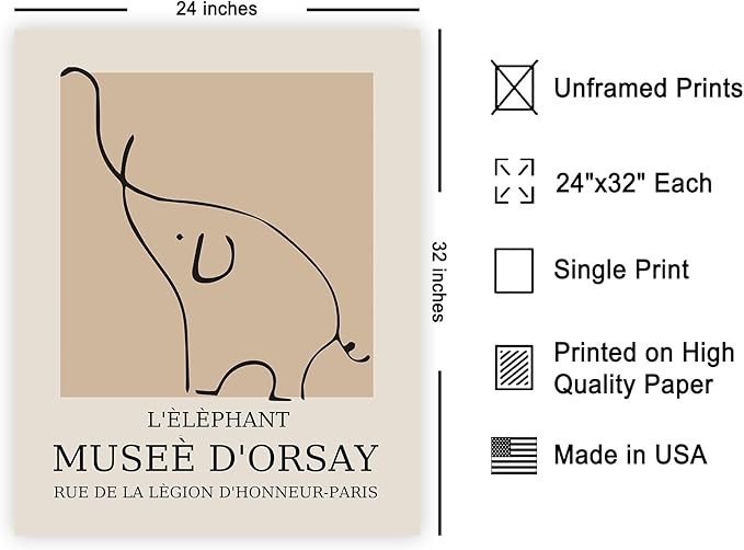 Poster Master Vintage Poster - Retro Minimalist Print - Gift for Artist, Housewarming - Elephant, Line Drawing, Sketch, Abstract - Wall Decor for Living Room, Bedroom, 24x32 Unframed Wall Art