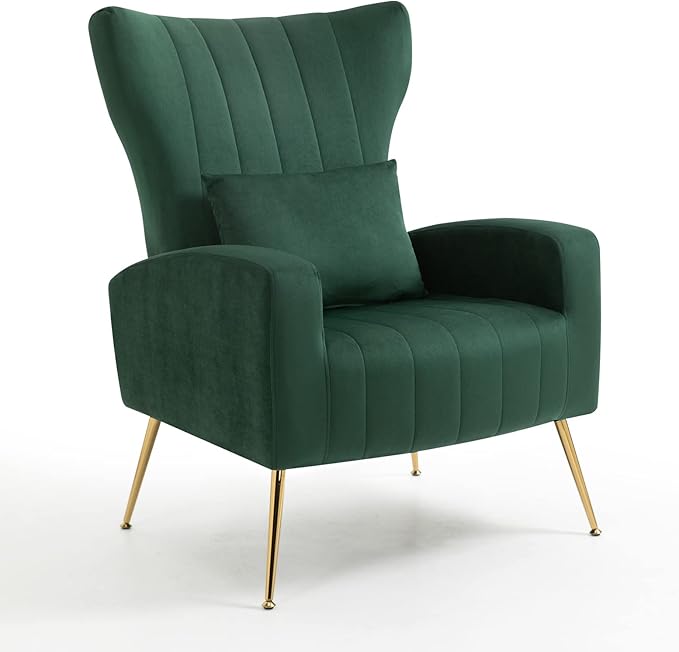 X-VOLSPORT Velvet Accent Chairs Set of 2, Mid Century Modern High Back Living Room Chair with Waist Pillow, Upholstered Arm Chair with Metal Gold Legs for Bedroom, Club, Green
