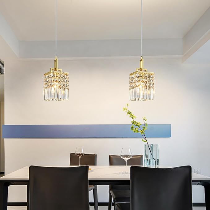 Modern Crystal Pendant Light Kitchen Island Farmhouse Lamp Adjustable Height Hanging Lighting Square Gold Chandelier Suitable for Kitchen Island Dining Room and Bedroom(2Pack)