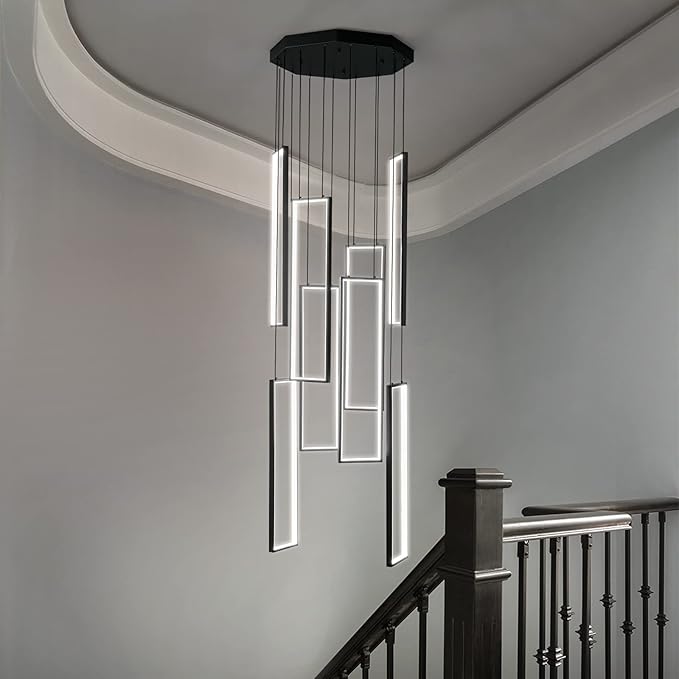 Modern Kitchen Island Dimmable Pendant Light Fixture Black 144W LED Pendant Lights 8 Rings Rectangular Chandelier Staircase Large Chandelier Lobby Living Room Foyer High Ceiling Chandeliers