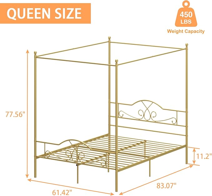 Weehom Canopy Bed Frame Queen Size with Headboard and Footboard, Four-Poster Canopy Bed Metal Platform Mattress Foundation Underbed Storage No Box Spring Needed Easy Assembly, Gold