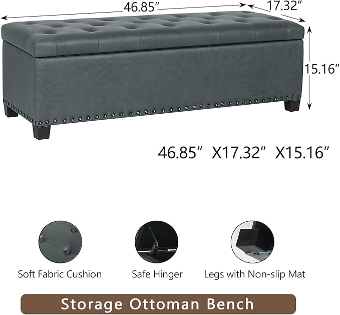 Joveco 47 Inch Storage Ottoman Bench,Tufted Fabric Storage Bench with Nailhead Trim for Bedroom (47”,Gray)