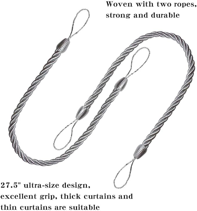 BEL AVENIR Curtain Rope Tiebacks, Drapery Rope Holdbacks with 4 Metal Screw Hooks, 2 Pair - Silver