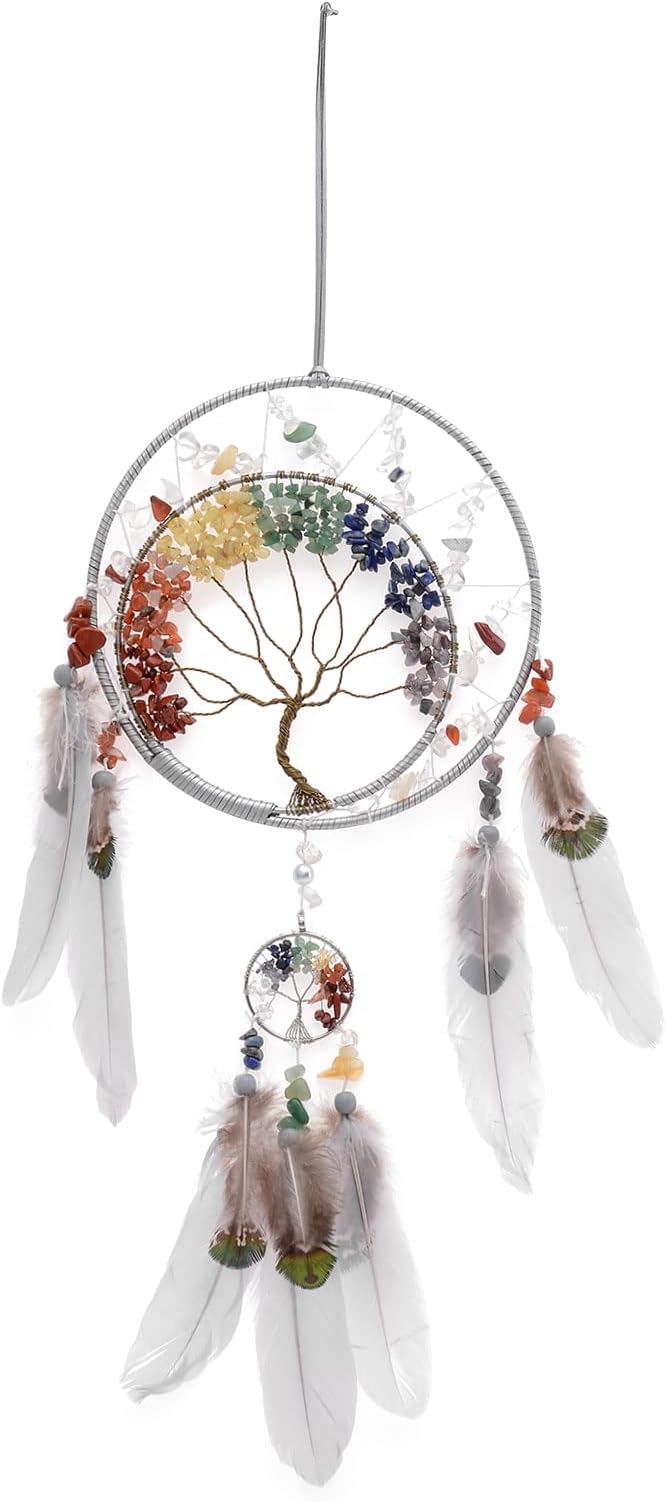 7 Chakras Tree of Life Dream Catcher Wall Decor with Rainbow Healing Crystal Stone Handmade Gray Feather DreamCatchers Wall Hanging Ornaments for Bedroom Home Decor Blessing Gift Wedding Party-23.6"