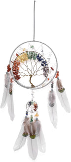 7 Chakras Tree of Life Dream Catcher Wall Decor with Rainbow Healing Crystal Stone Handmade Gray Feather DreamCatchers Wall Hanging Ornaments for Bedroom Home Decor Blessing Gift Wedding Party-23.6"