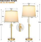 2 Pack 22"-30" Adjustable Height Table Lamps Set, Modern Gold Table Lamps with White Shade 3 Colour Temperature Pull Chain Tall Lamps for Living Room Bedroom Bedside End Table Nightstand
