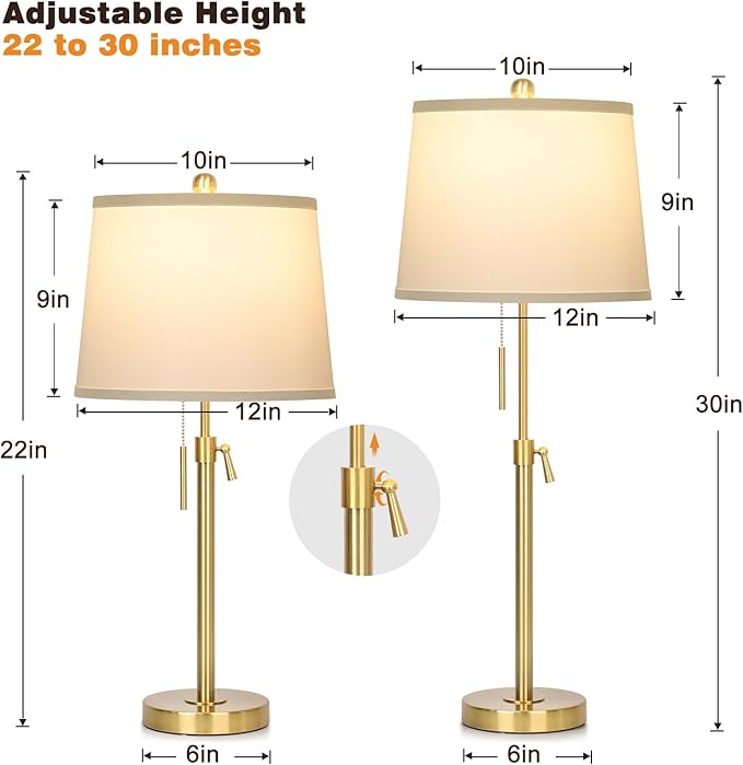 2 Pack 22"-30" Adjustable Height Table Lamps Set, Modern Gold Table Lamps with White Shade 3 Colour Temperature Pull Chain Tall Lamps for Living Room Bedroom Bedside End Table Nightstand