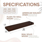 Homeforia 30inch Walnut Floating Shelves for Wall Mounted, High End Solid Real Wood 30 in Floating Shelf, Dark Brown Wooden 30 inch Long Floating Shelves, Heavy Duty Bracket, 30 X 6.5 X 1.75, Set of 2