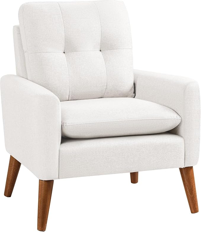 JUMMICO Mid Century Accent Chair, Fabric Modern Reading Living Room Chair, Fluffy Comfy Armchair Small Sofa Chair with Wood Legs for Bedroom Office Cafe, Set of 1 (Pure White)