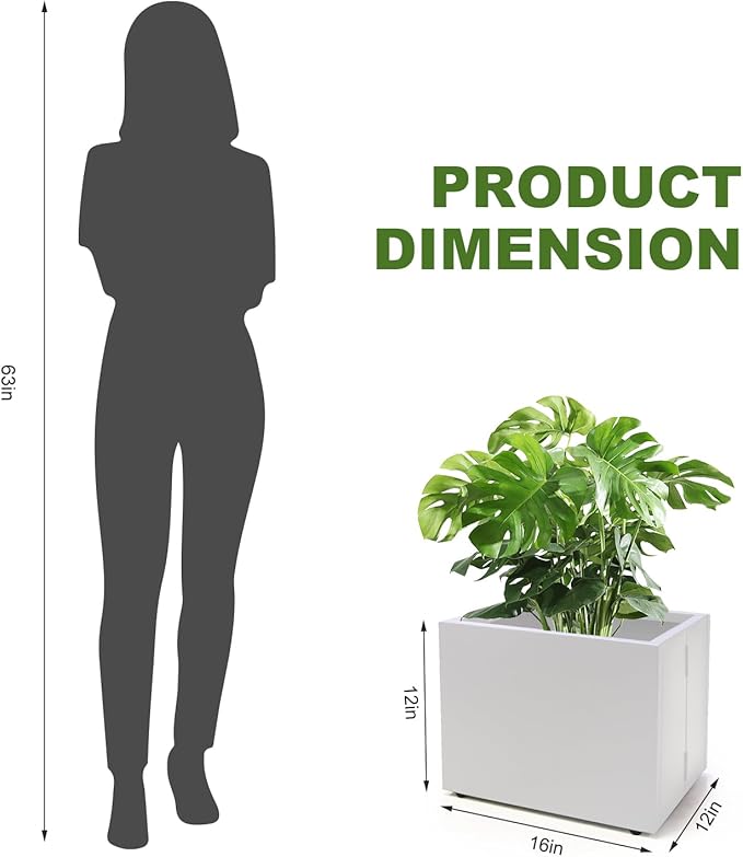 Metal Planter Box Rectangular Block-No Installation Required Galvanized Steel Long Box Planter Modern Outdoor Planters All-Weather Use with Drainage Holes for Patio/Porch,16 ×12×12IN（White）