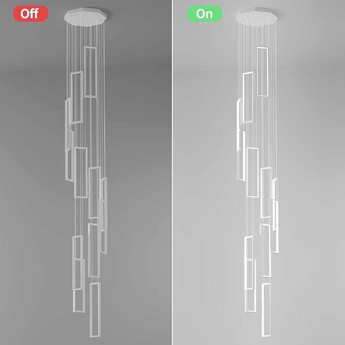 Modern Adjustable Height Pendant Light Fixture - White 252W LED Pendant Lights with 12 Rings - Rectangular Chandelier for Staircase, Lobby, Living Room, Foyer and High Ceiling