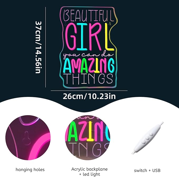 WLHOPE Beautiful Girl You Can Do Amazing Things Neon Signs for Wall Decor Adjustable LED Lights Decorations for Home Bedroom Birthday Party Best Gift for for Teen Girl