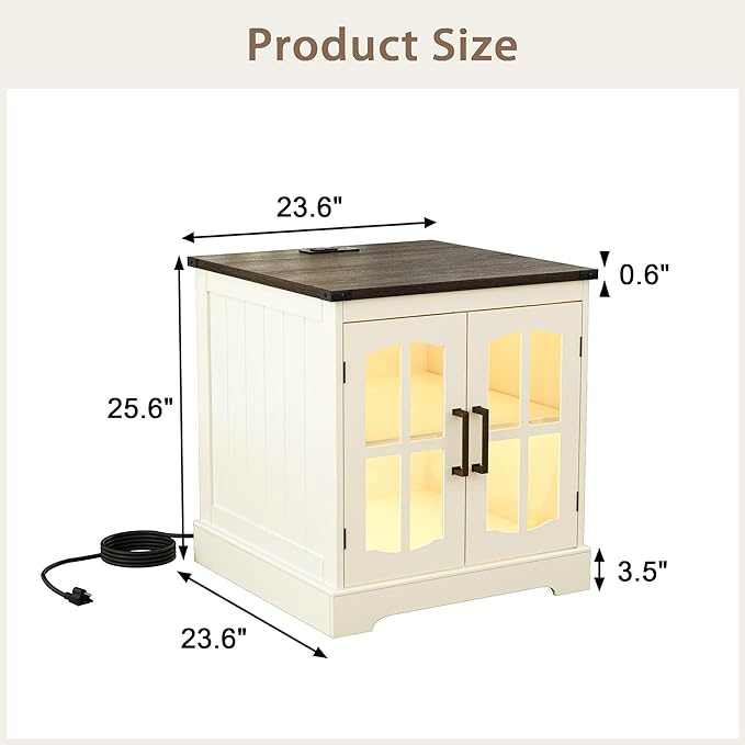 ChooChoo Farmhouse End Table, 24" Large Sofa Side Table with Charging Station & LED Light, Nightstand with Adjustable Storage Shelf, Square Bedside Table for Living Room Beige (Cream Mix with White)