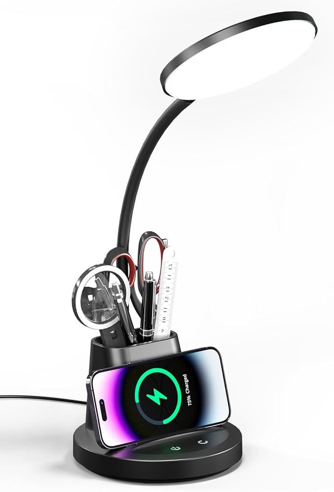 Desk Lamp with Wireless Charger, LED Desk Lamp for Home Office with Pen Holder, Dimmable Eye-Caring Study Desk Light Flexible Arm 3 Color Modes for College Dorm, 800 Lumens CRI 90