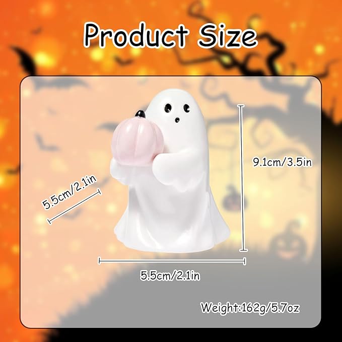 Halloween Ghost Figurine with Holding Pink Pumpkin, Funny Resin Ghost Statue Halloween Decor for Bookshelf, Terrace, Bedroom,Porch and Tabletop