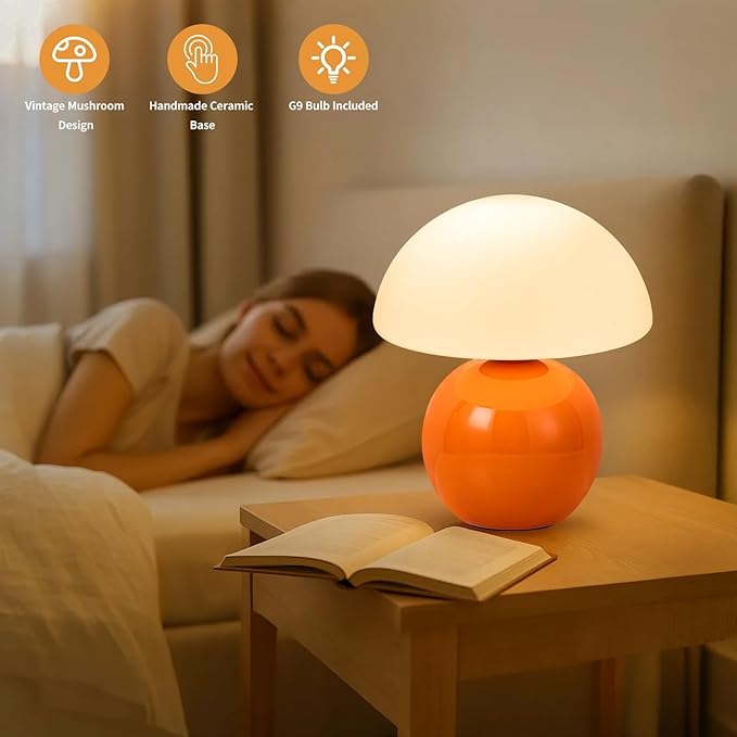 Mushroom Table Lamp, Orange Vintage LED Desk Light for Bedroom, Dimmable Ambient Lighting with Glass Shade for Bedroom, Reading, Home Décor, Gift for Friends