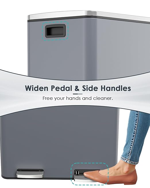 AthLike 60L(16 Gal ) Dual Trash Can, Stainless Steel Kitchen Garbage Can, Double Compartment Classified Rubbish Bin, Recycle Dustbin w/Plastic Inner Buckets, Handle, Soft-Close Lid, Airtight, Grey