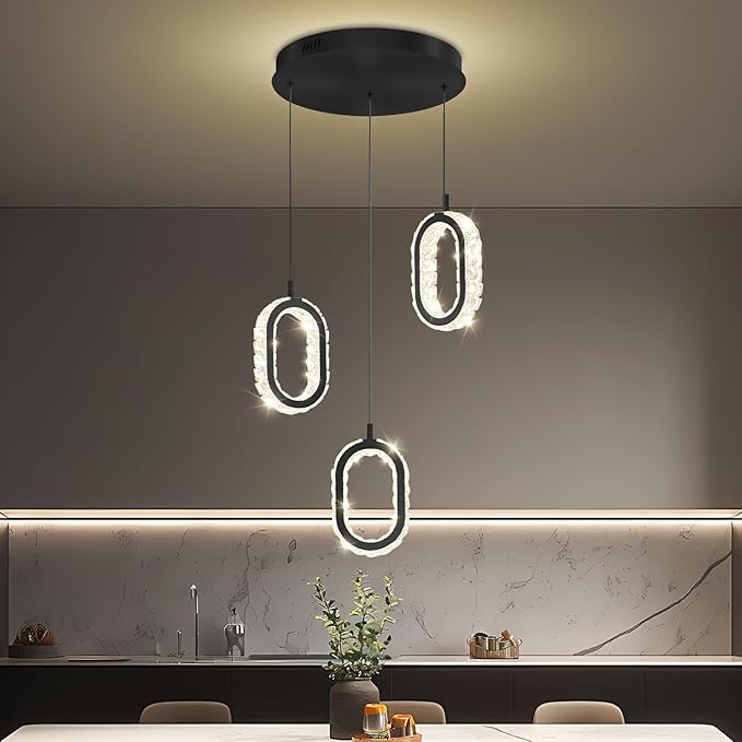 Dimmable Oval Pendant Light Modern LED Pendant Lights for Kitchen Island Adjustable Crystal Ring Chandelier for Dining Room Bedroom Living Room 3-Light Black