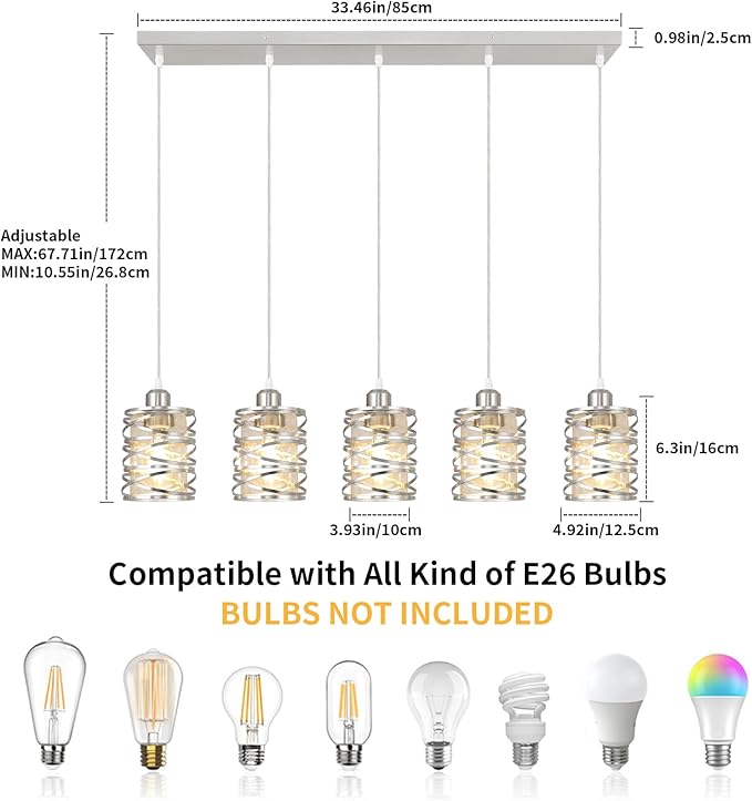 Brushed Nickel Pendant Lights for Kitchen Island, 5-Light Chandelier for Dining Room, Hanging Linear Chandeliers, Modern Dining Room Light Fixtures Pendant Light with Clear Glass Shades